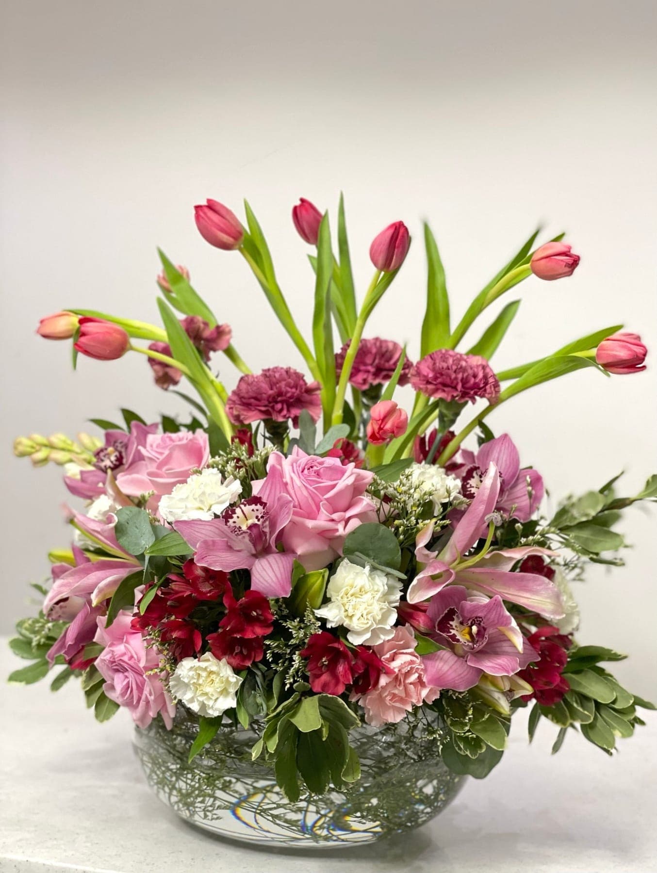 Deluxe - Flowers in Fishbowl with Standing Tulips